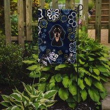 Load image into Gallery viewer, Blue Flowers Smooth Black and Tan Dachshund Garden Flag - Outdoor Decorative Yard Flag BB5066GF