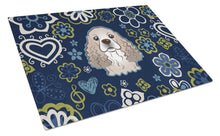 Load image into Gallery viewer, Blue Flowers Cocker Spaniel Glass Cutting Boards – Durable, Decorative Kitchen Art Large BB5067LCB