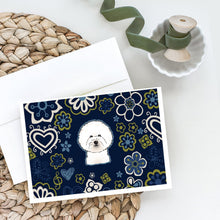 Load image into Gallery viewer, Blue Flowers Bichon Frise Greeting Cards -  Blank Note Cards – 8-Pack of Artist-Designed Cards with Envelopes