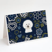 Load image into Gallery viewer, Blue Flowers Bichon Frise Greeting Cards -  Blank Note Cards – 8-Pack of Artist-Designed Cards with Envelopes