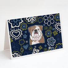 Load image into Gallery viewer, Blue Flowers English Bulldog  Greeting Cards -  Blank Note Cards – 8-Pack of Artist-Designed Cards with Envelopes