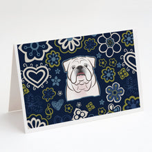 Load image into Gallery viewer, Blue Flowers White English Bulldog  Greeting Cards -  Blank Note Cards – 8-Pack of Artist-Designed Cards with Envelopes