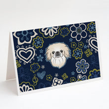 Load image into Gallery viewer, Blue Flowers Pekingese Greeting Cards -  Blank Note Cards – 8-Pack of Artist-Designed Cards with Envelopes