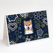 Load image into Gallery viewer, Blue Flowers Shiba Inu Greeting Cards -  Blank Note Cards – 8-Pack of Artist-Designed Cards with Envelopes