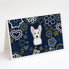 Load image into Gallery viewer, Blue Flowers Westie Greeting Cards -  Blank Note Cards – 8-Pack of Artist-Designed Cards with Envelopes