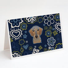 Load image into Gallery viewer, Blue Flowers Wirehaired Dachshund Greeting Cards -  Blank Note Cards – 8-Pack of Artist-Designed Cards with Envelopes