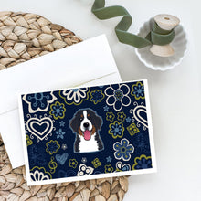 Load image into Gallery viewer, Blue Flowers Bernese Mountain Dog Greeting Cards -  Blank Note Cards – 8-Pack of Artist-Designed Cards with Envelopes