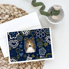 Load image into Gallery viewer, Blue Flowers Sheltie Greeting Cards -  Blank Note Cards – 8-Pack of Artist-Designed Cards with Envelopes