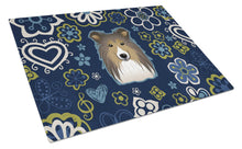 Load image into Gallery viewer, Blue Flowers Sheltie Glass Cutting Boards – Durable, Decorative Kitchen Art Large BB5093LCB