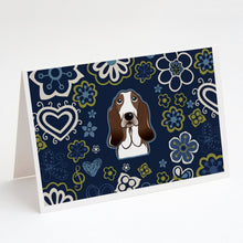Load image into Gallery viewer, Blue Flowers Basset Hound Greeting Cards -  Blank Note Cards – 8-Pack of Artist-Designed Cards with Envelopes