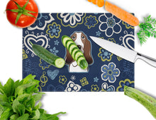 Load image into Gallery viewer, Blue Flowers Basset Hound Glass Cutting Boards – Durable, Decorative Kitchen Art Large BB5094LCB