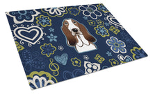 Load image into Gallery viewer, Blue Flowers Basset Hound Glass Cutting Boards – Durable, Decorative Kitchen Art Large BB5094LCB