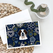 Load image into Gallery viewer, Blue Flowers Saint Bernard Greeting Cards -  Blank Note Cards – 8-Pack of Artist-Designed Cards with Envelopes