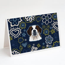 Load image into Gallery viewer, Blue Flowers Saint Bernard Greeting Cards -  Blank Note Cards – 8-Pack of Artist-Designed Cards with Envelopes