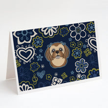 Load image into Gallery viewer, Blue Flowers Chocolate Brown Shih Tzu Greeting Cards -  Blank Note Cards – 8-Pack of Artist-Designed Cards with Envelopes