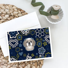 Load image into Gallery viewer, Blue Flowers Gray Silver Shih Tzu Greeting Cards -  Blank Note Cards – 8-Pack of Artist-Designed Cards with Envelopes
