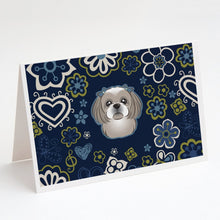 Load image into Gallery viewer, Blue Flowers Gray Silver Shih Tzu Greeting Cards -  Blank Note Cards – 8-Pack of Artist-Designed Cards with Envelopes