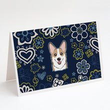 Load image into Gallery viewer, Blue Flowers Sable Corgi Greeting Cards -  Blank Note Cards – 8-Pack of Artist-Designed Cards with Envelopes