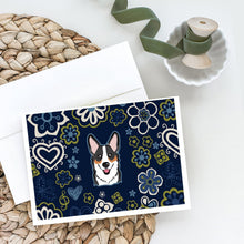 Load image into Gallery viewer, Blue Flowers Tricolor Corgi Greeting Cards -  Blank Note Cards – 8-Pack of Artist-Designed Cards with Envelopes