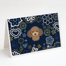 Load image into Gallery viewer, Blue Flowers Chocolate Brown Poodle Greeting Cards -  Blank Note Cards – 8-Pack of Artist-Designed Cards with Envelopes