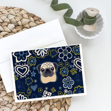 Load image into Gallery viewer, Blue Flowers Fawn Pug Greeting Cards -  Blank Note Cards – 8-Pack of Artist-Designed Cards with Envelopes