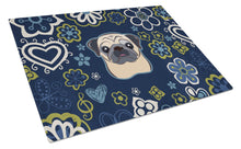 Load image into Gallery viewer, Blue Flowers Fawn Pug Glass Cutting Boards – Durable, Decorative Kitchen Art Large BB5113LCB