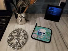 Load image into Gallery viewer, Day of the Dead Teal Skull Pot Holders - Set of 2 - Heat-Resistant Kitchen Essentials BB5123PTHD