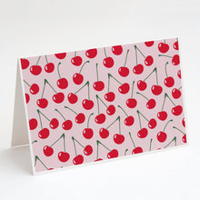 Load image into Gallery viewer, Cherries on Pink Greeting Cards -  Blank Note Cards – 8-Pack of Artist-Designed Cards with Envelopes