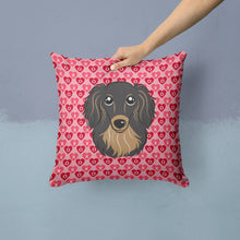 Load image into Gallery viewer, Longhair Black and Tan Dachshund Hearts Throw Pillow - 14x14 Decorative Pillow – Art for Your Home &amp; Patio BB5283PW1414