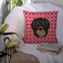 Load image into Gallery viewer, Longhair Black and Tan Dachshund Hearts Throw Pillow - 14x14 Decorative Pillow – Art for Your Home &amp; Patio BB5283PW1414
