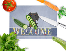 Load image into Gallery viewer, Wire Haired Dachshund Black Tan Welcome Glass Cutting Boards – Durable, Decorative Kitchen Art Large BB5708LCB