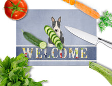 Load image into Gallery viewer, Bull Terrier Black White Welcome Glass Cutting Boards – Durable, Decorative Kitchen Art Large BB5714LCB