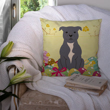 Load image into Gallery viewer, Easter Eggs Staffordshire Bull Terrier Blue Throw Pillow - 14x14 Decorative Pillow – Art for Your Home &amp; Patio BB6046PW1414