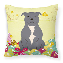 Load image into Gallery viewer, Easter Eggs Staffordshire Bull Terrier Blue Fabric Decorative Pillow BB6046PW1818
