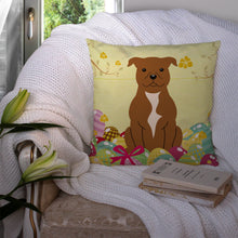 Load image into Gallery viewer, Easter Eggs Staffordshire Bull Terrier Brown Throw Pillow - 14x14 Decorative Pillow – Art for Your Home &amp; Patio BB6047PW1414