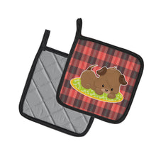 Load image into Gallery viewer, Puppy on Black Red Gingham Pot Holders - Set of 2 - Heat-Resistant Kitchen Essentials BB7072PTHD