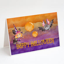 Load image into Gallery viewer, Halloween Little Witch and Bat Greeting Cards -  Blank Note Cards – 8-Pack of Artist-Designed Cards with Envelopes