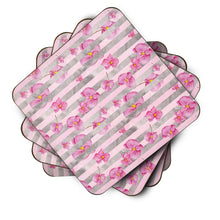 Load image into Gallery viewer, Watercolor Pink Flowers Grey Stripes Foam Coaster  BB7502FC