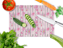 Load image into Gallery viewer, Watercolor Pink Flowers Grey Stripes Glass Cutting Boards – Durable, Decorative Kitchen Art Large BB7502LCB