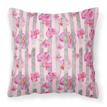 Load image into Gallery viewer, Watercolor Pink Flowers Grey Stripes Fabric Decorative Pillow BB7502PW1818