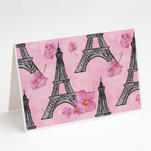Load image into Gallery viewer, Watercolor Pink Flowers and Eiffel Tower Greeting Cards -  Blank Note Cards – 8-Pack of Artist-Designed Cards with Envelopes