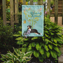 Load image into Gallery viewer, Welcome Friends Bernese Mountain Dog Garden Flag – Teal Dog Yard Decor with Tree Illustration BB7579GF