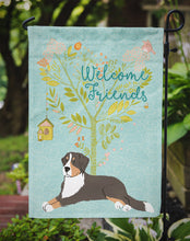 Load image into Gallery viewer, Welcome Friends Bernese Mountain Dog Garden Flag – Teal Dog Yard Decor with Tree Illustration BB7579GF