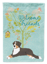 Load image into Gallery viewer, Welcome Friends Bernese Mountain Dog Garden Flag – Teal Dog Yard Decor with Tree Illustration BB7579GF