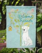 Load image into Gallery viewer, Welcome Friends White Boxer Garden Flag – Teal Dog Yard Decor with Tree Illustration BB7580GF