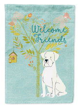 Load image into Gallery viewer, Welcome Friends White Boxer Garden Flag – Teal Dog Yard Decor with Tree Illustration BB7580GF