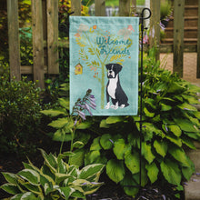 Load image into Gallery viewer, Welcome Friends Black Boxer Garden Flag – Teal Dog Yard Decor with Tree Illustration BB7581GF