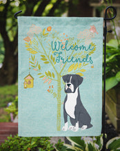 Load image into Gallery viewer, Welcome Friends Black Boxer Garden Flag – Teal Dog Yard Decor with Tree Illustration BB7581GF