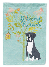 Load image into Gallery viewer, Welcome Friends Black Boxer Garden Flag – Teal Dog Yard Decor with Tree Illustration BB7581GF