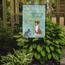 Load image into Gallery viewer, Welcome Friends Flashy Fawn Boxer Garden Flag – Teal Dog Yard Decor with Tree Illustration BB7582GF